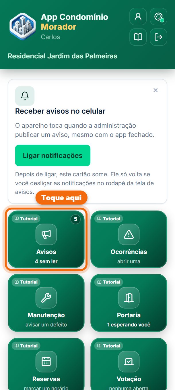 Passo 1: Toque em Avisos.