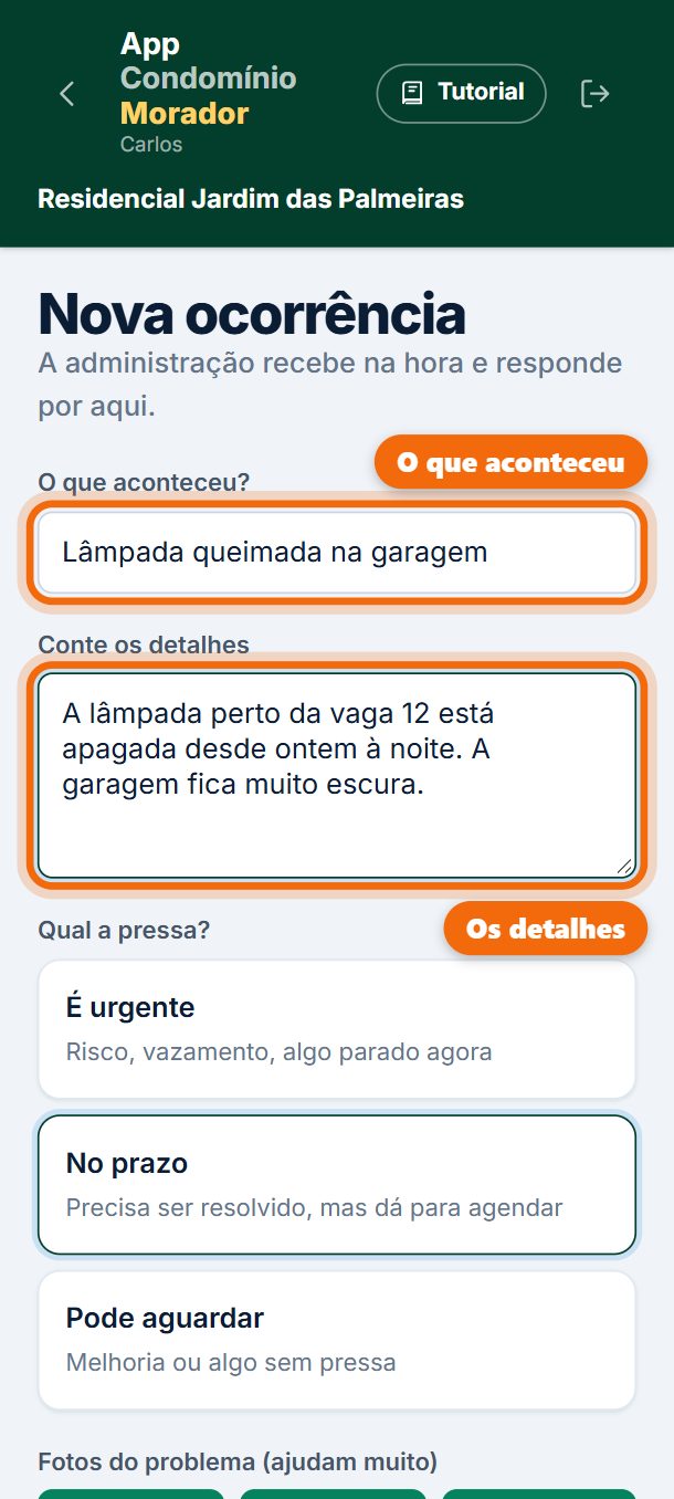 Passo 3: Escreva o que aconteceu e os detalhes: onde é e desde quando.