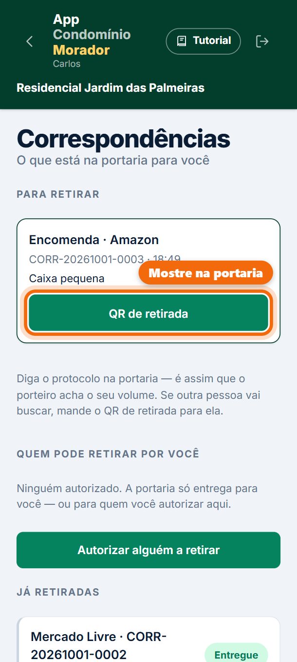 Passo 3: Na portaria, mostre o QR de retirada ou diga o número do protocolo.