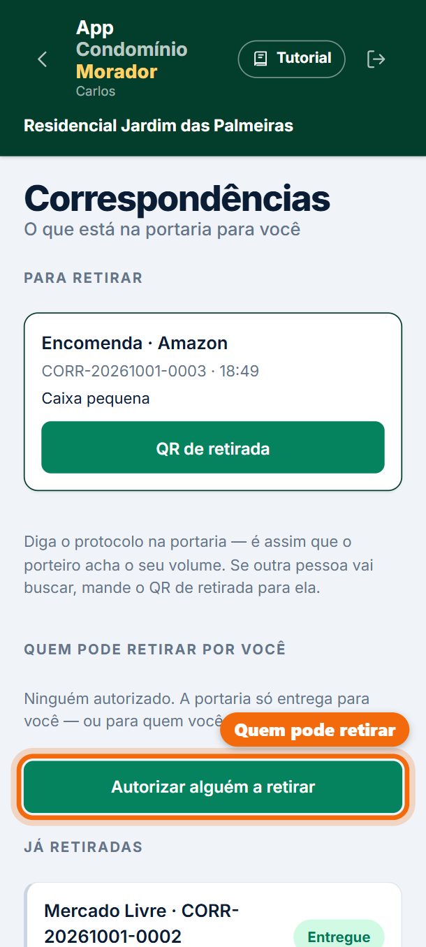 Passo 4: Vai mandar outra pessoa buscar? Toque em Autorizar alguém a retirar e diga quem.