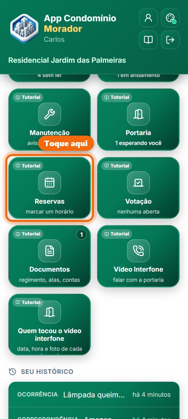 Passo 1: Toque em Reservas.