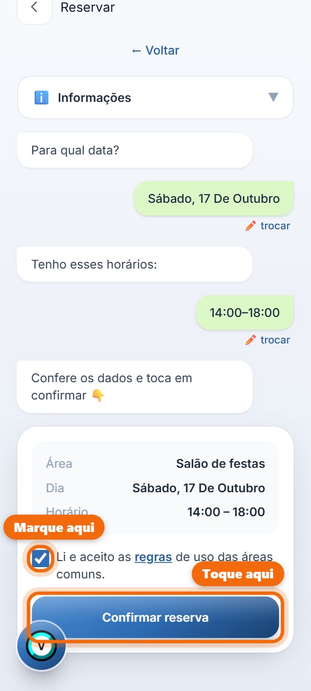 Passo 5: Confira, marque Li e aceito as regras e toque em Confirmar reserva.