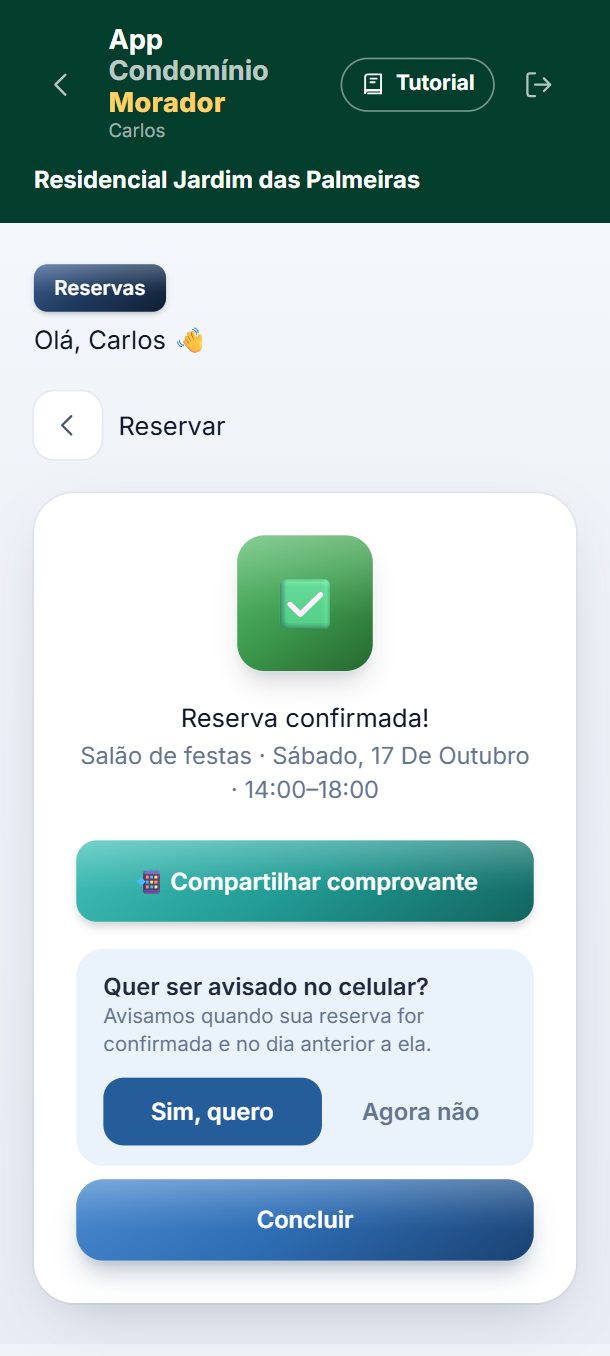 Passo 6: Pronto: a reserva está confirmada. Em Compartilhar comprovante, você manda para quem quiser.