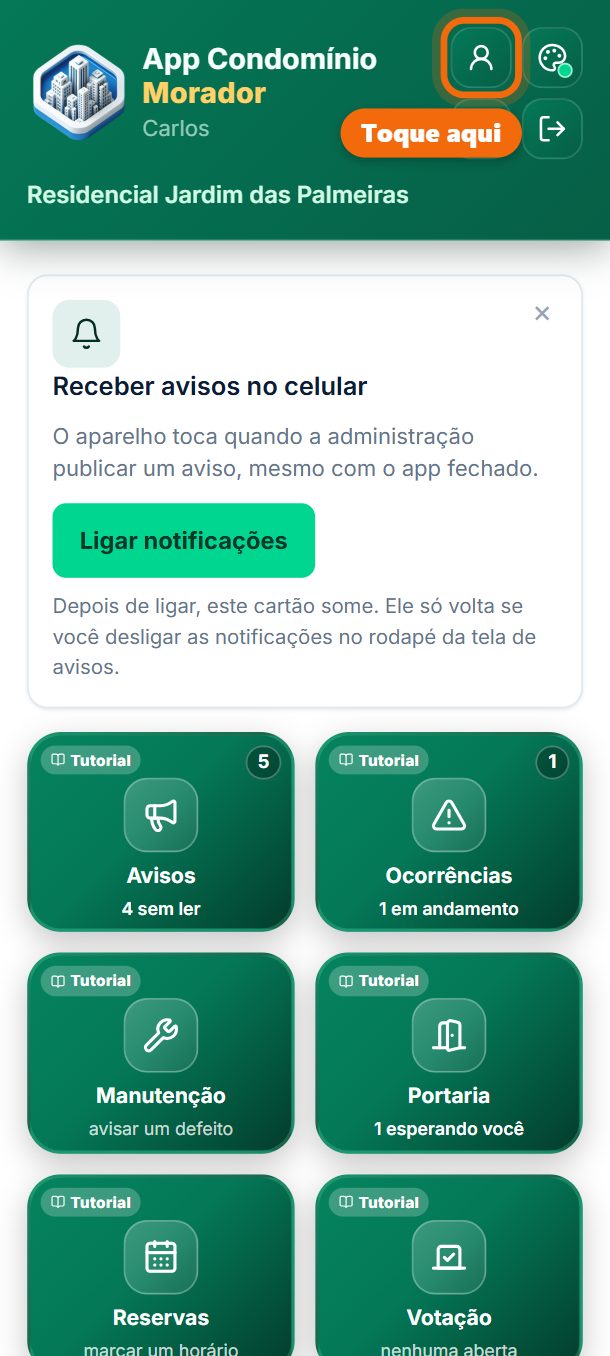 Passo 1: No alto da tela, toque no botão da conta.