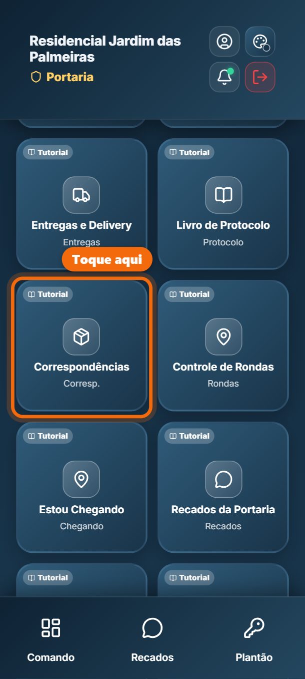 Passo 1: No painel, toque em Correspondências.