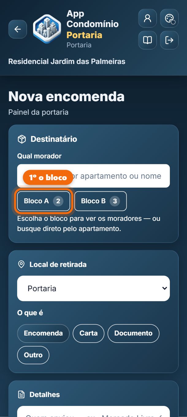 Passo 3: Toque no bloco do morador.