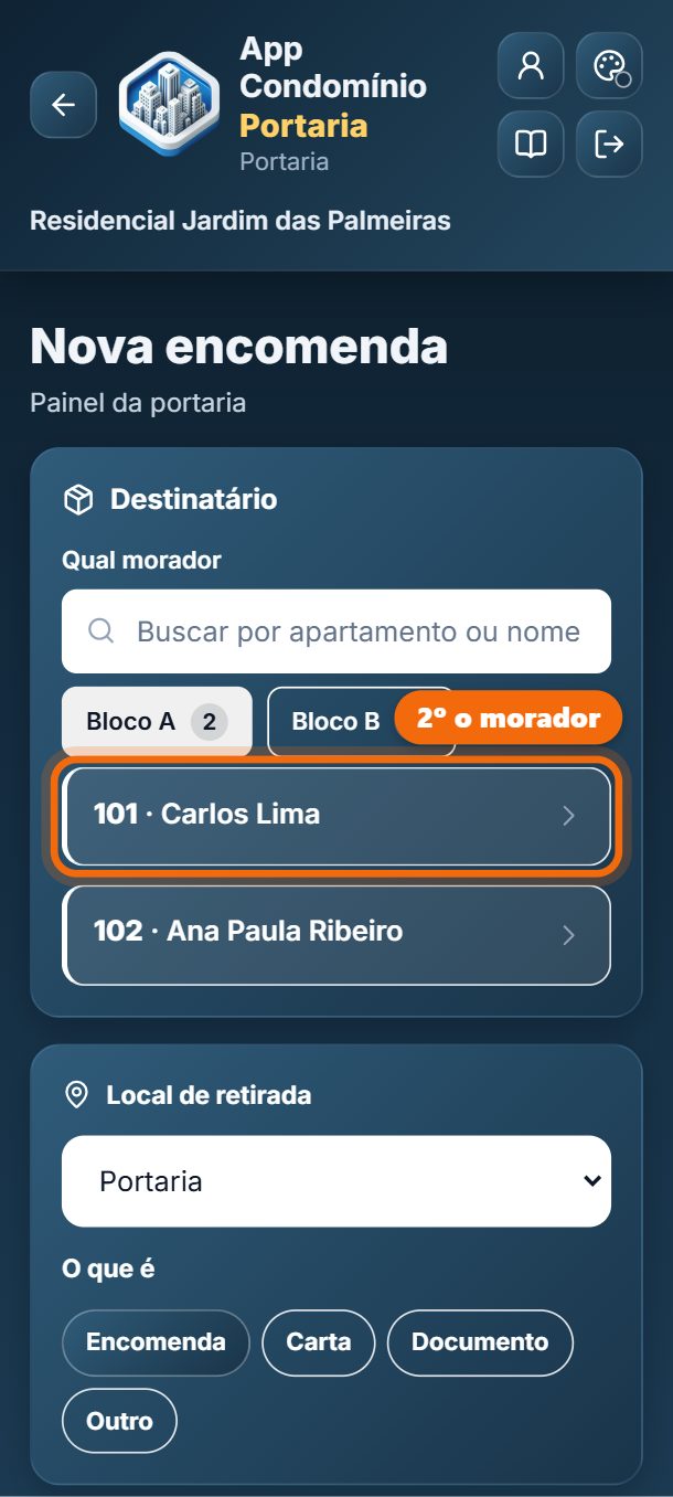 Passo 4: Toque no morador. Se preferir, busque pelo apartamento ou pelo nome.
