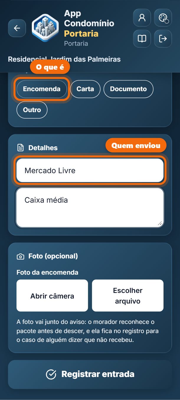 Passo 5: Escolha o que é (encomenda, carta, documento) e escreva quem enviou. Se quiser, tire uma foto do pacote.