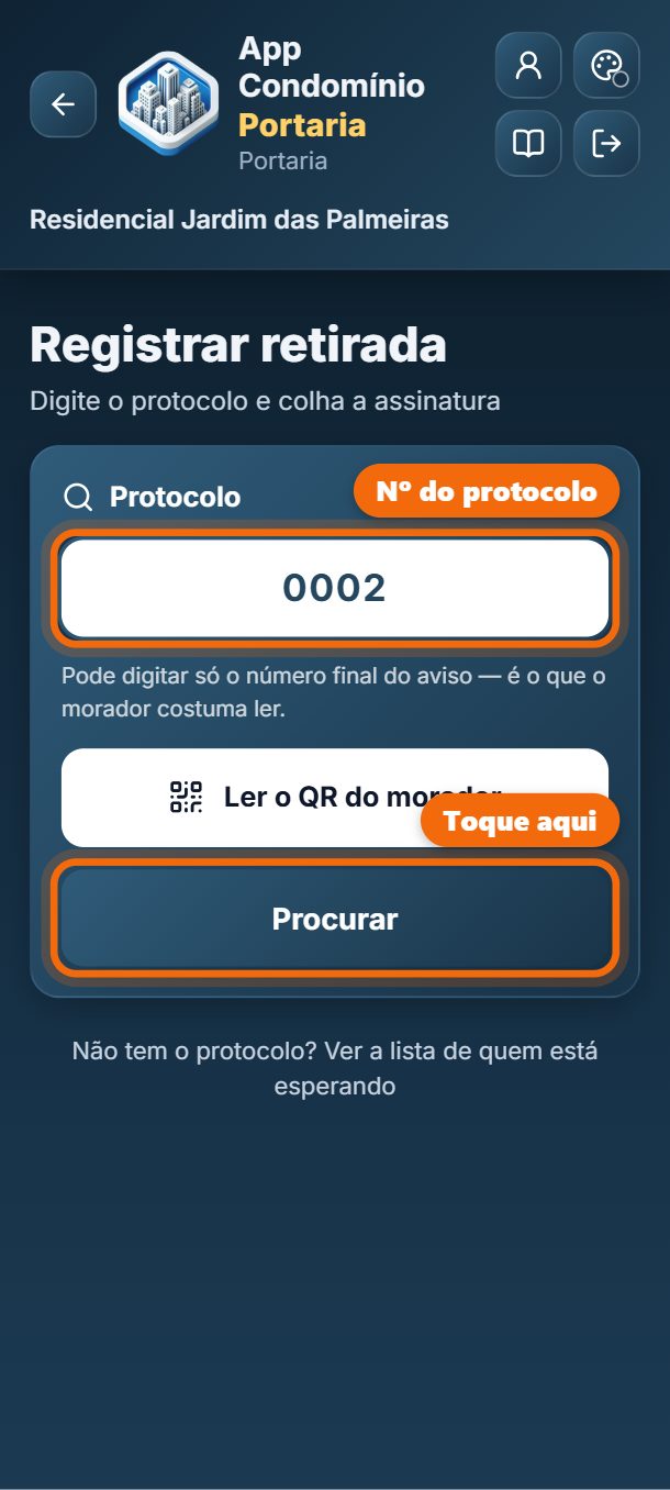 Passo 2: Digite o número do protocolo (pode ser só o final) e toque em Procurar. Ou toque em Ler o QR do morador: ele mostra o QR de retirada no celular.