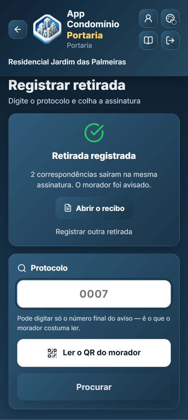 Passo 6: Pronto: a retirada está registrada, e o morador é avisado.