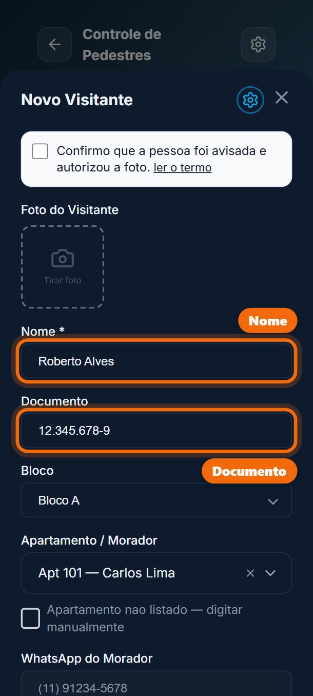Passo 3: Escreva o nome e o documento do visitante.