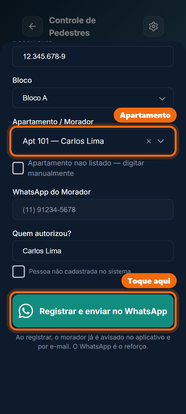 Passo 4: Escolha o bloco e o apartamento. Toque em Registrar e enviar no WhatsApp.