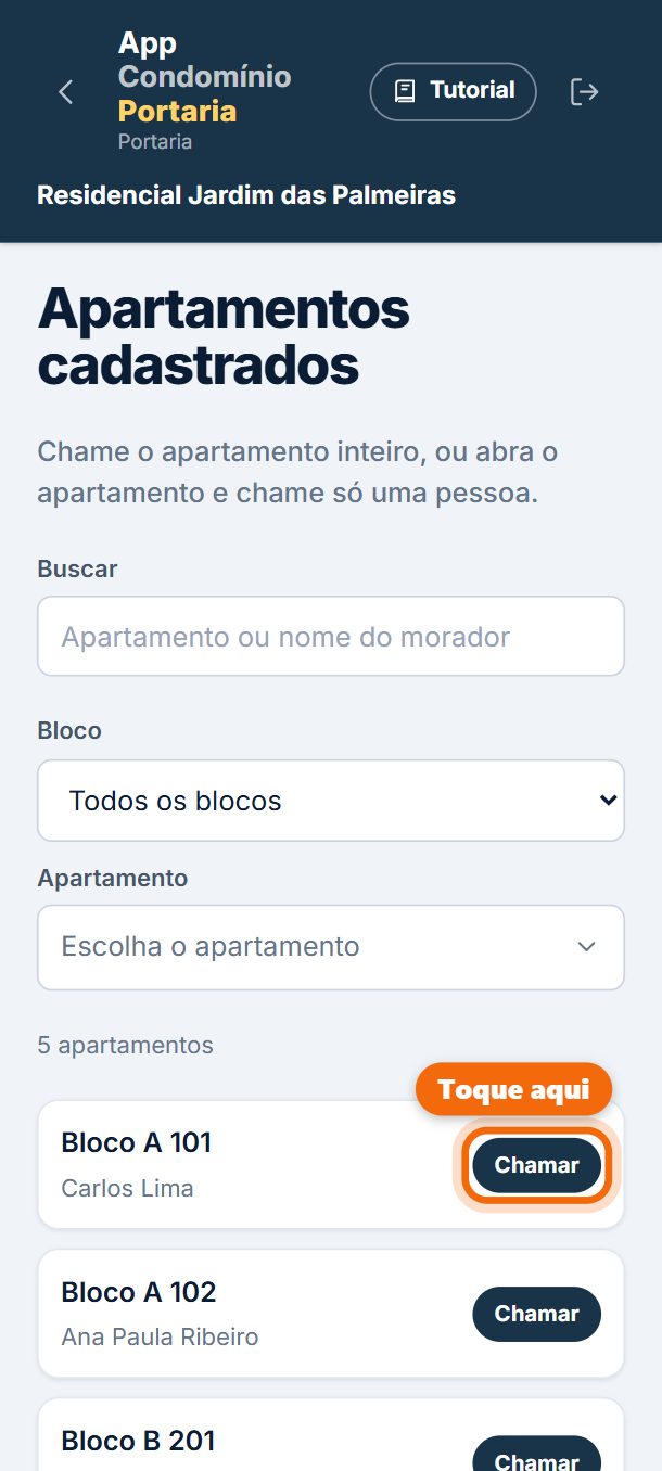 Passo 3: Procure o apartamento e toque em Chamar: o celular do morador toca como uma ligação.
