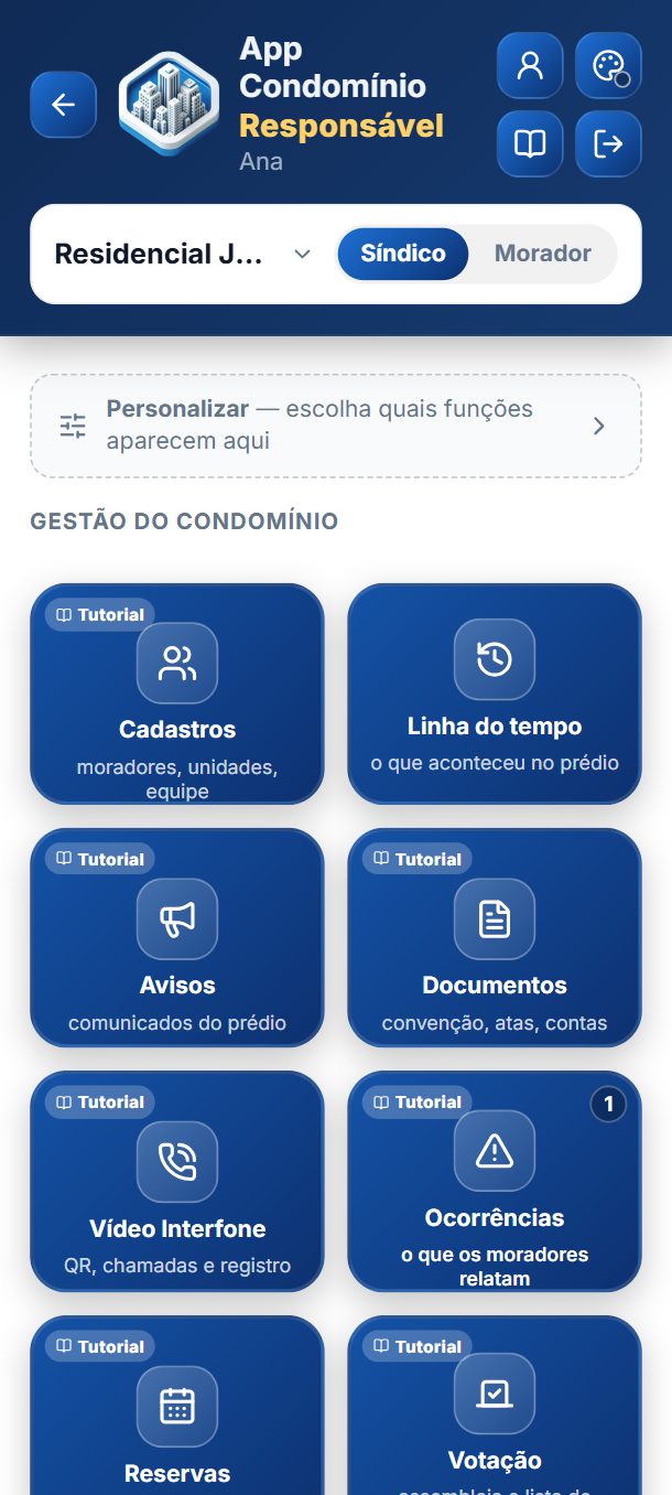 Passo 3: Pronto: este é o painel do condomínio. Cada quadro abre uma parte, e o selo Tutorial explica aquela parte.