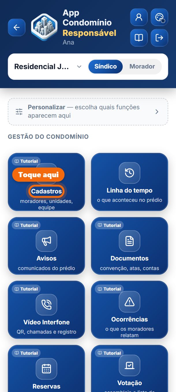Passo 1: No painel, toque em Cadastros.