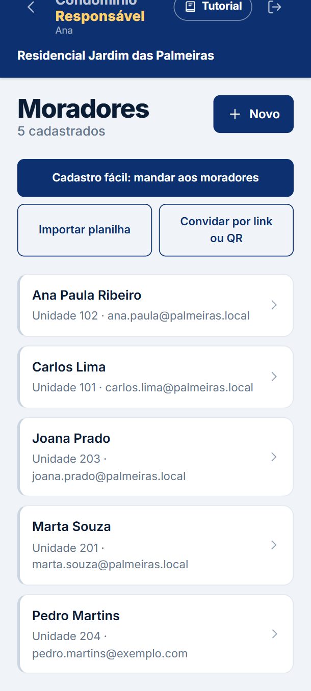Passo 6: Pronto: o morador entra com o e-mail e a senha 123456. No primeiro acesso, o aplicativo pede que ele crie a senha dele.