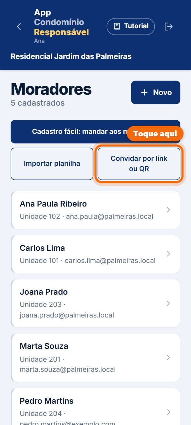Passo 3: Prefere que o morador se cadastre sozinho? Na lista de moradores, toque em Convidar por link ou QR.