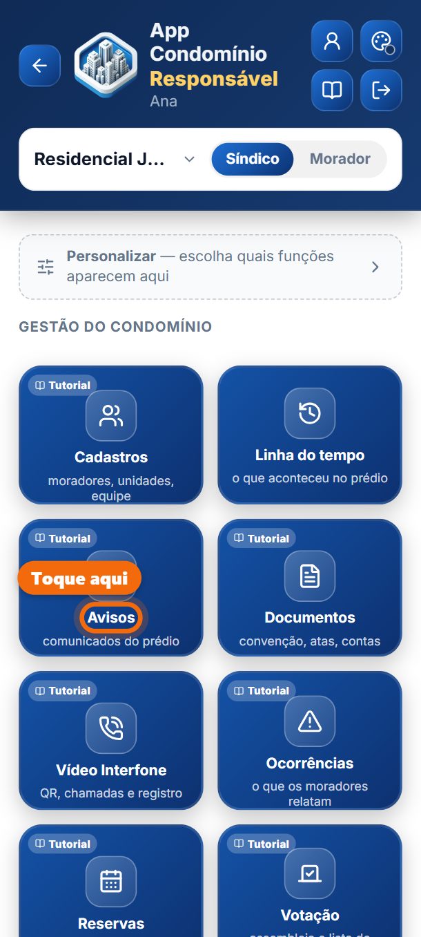 Passo 1: No painel, toque em Avisos.