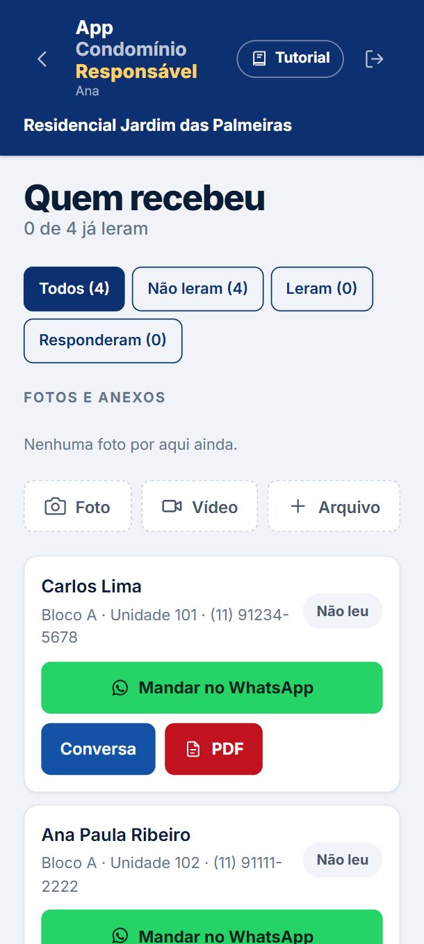 Passo 5: Pronto: os moradores recebem o aviso. Aqui você vê quem já leu e pode mandar pelo WhatsApp para quem ainda não leu.