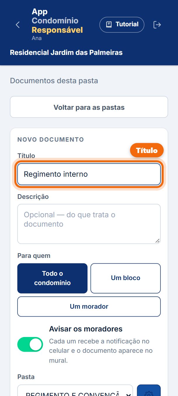 Passo 5: Escreva o título do documento. Com Avisar os moradores ligado, cada um recebe a notificação.