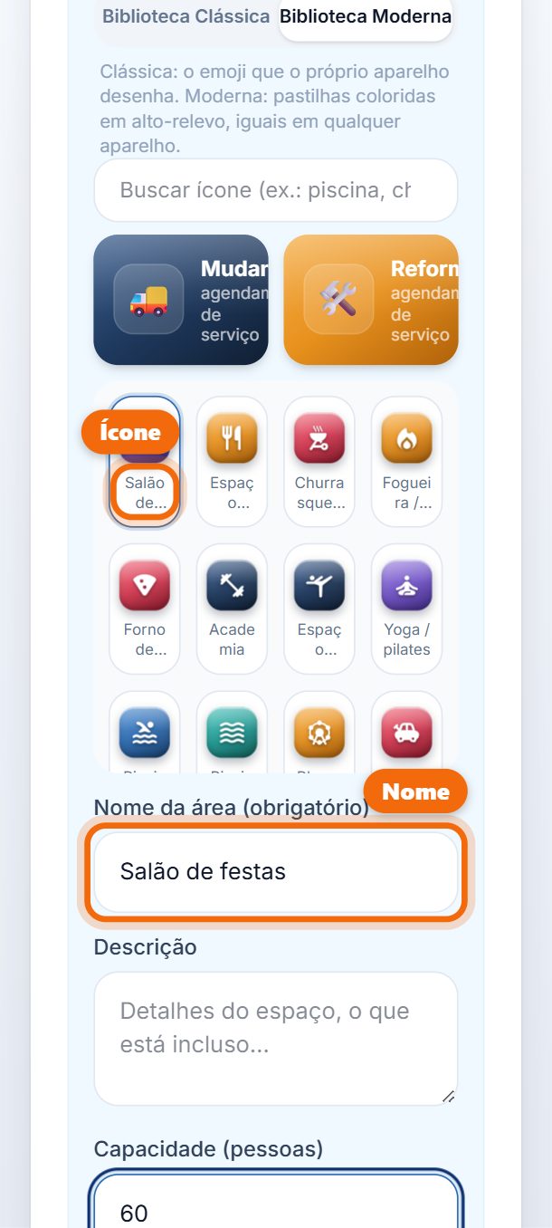 Passo 4: Escolha o ícone e escreva o nome da área.