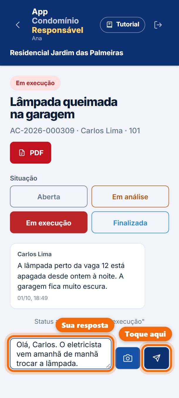 Passo 4: Escreva a resposta e toque no botão de enviar.
